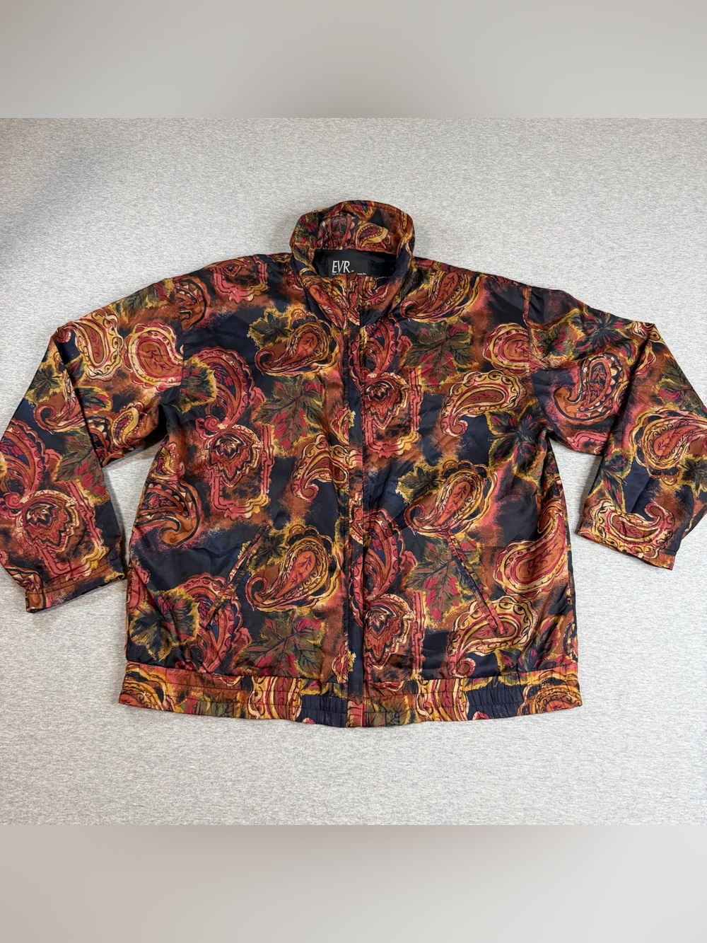 VTG 90s EVR Div Rousso 100% Silk Bomber Jacket All Print Small Paisley Leaf Fall